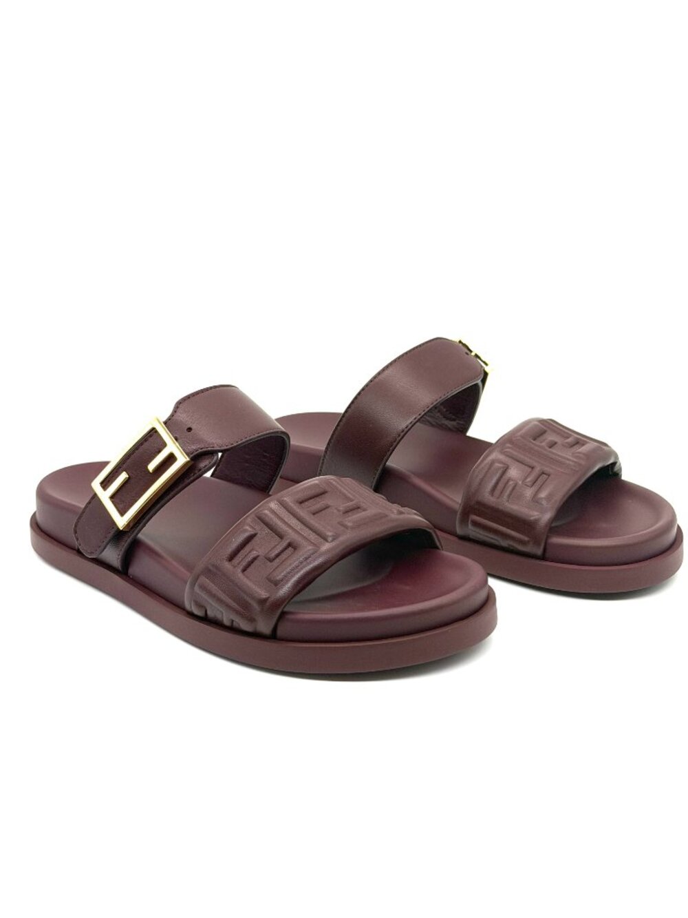 FENDI Feel FF Logo Double Band Flat Leather Slide Dad Sandals Shoes Plum - Picture 7 of 14